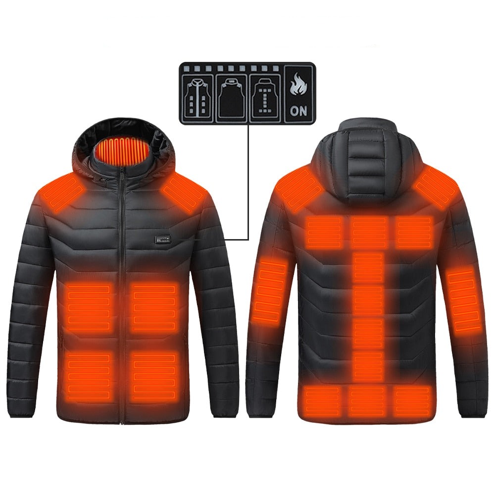 Schwarze USB Heizjacke mit Kapuze, 9-21 beheizbare Bereiche