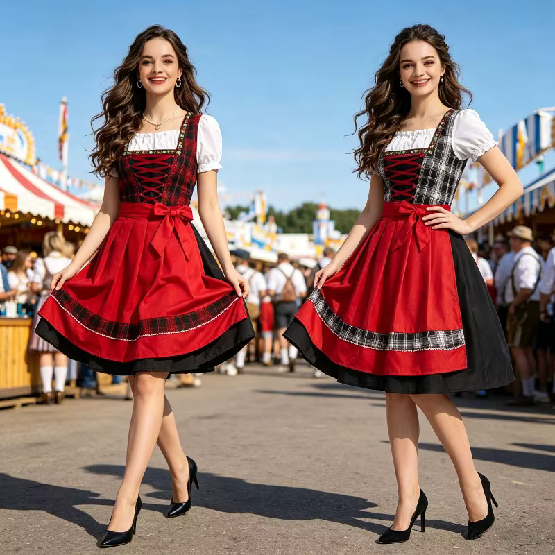 Dirndlkleid für Damen mit kariertem Mieder und Puffärmeln
