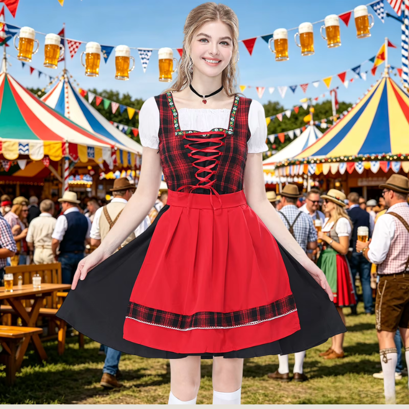 Dirndlkleid für Damen mit kariertem Mieder und Puffärmeln