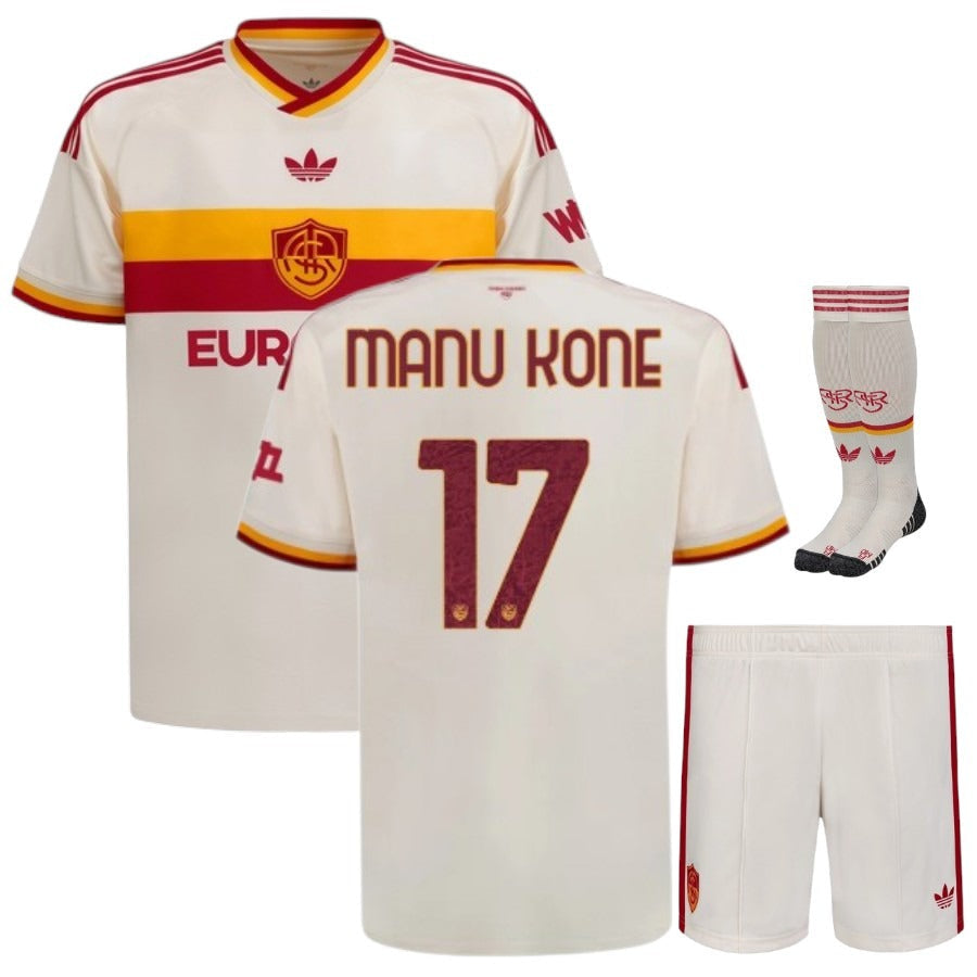 Conjunto de equipación visitante del AS Roma Manu Kone para niño 2026/27