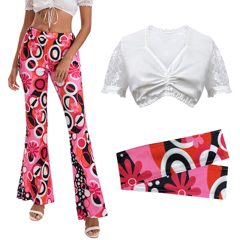 Retro-Schlaghosen-Set für Damen mit Spitzen-Top